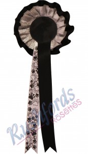 -11,5cm Head with 25cm Long Tails-
2 Row/Tier Rosette
2 tier Ribbons usually consist of 2 to 3 colour ribbons but up to four colours could be used. 
Printing is done on the front ribbon but printing at extra cost could also be done on the second ribbon. extra tails could also be added.
Personalization of the 2 tier rosette is also an option.