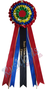 4 Row American Style Rosette
The 4 Row American Style Consists of Points or loops and Rows in the head, Longer tails and novelty ribbon incuded.
made to customer specifications. Fancy ribbon and trimmings com as a standard.